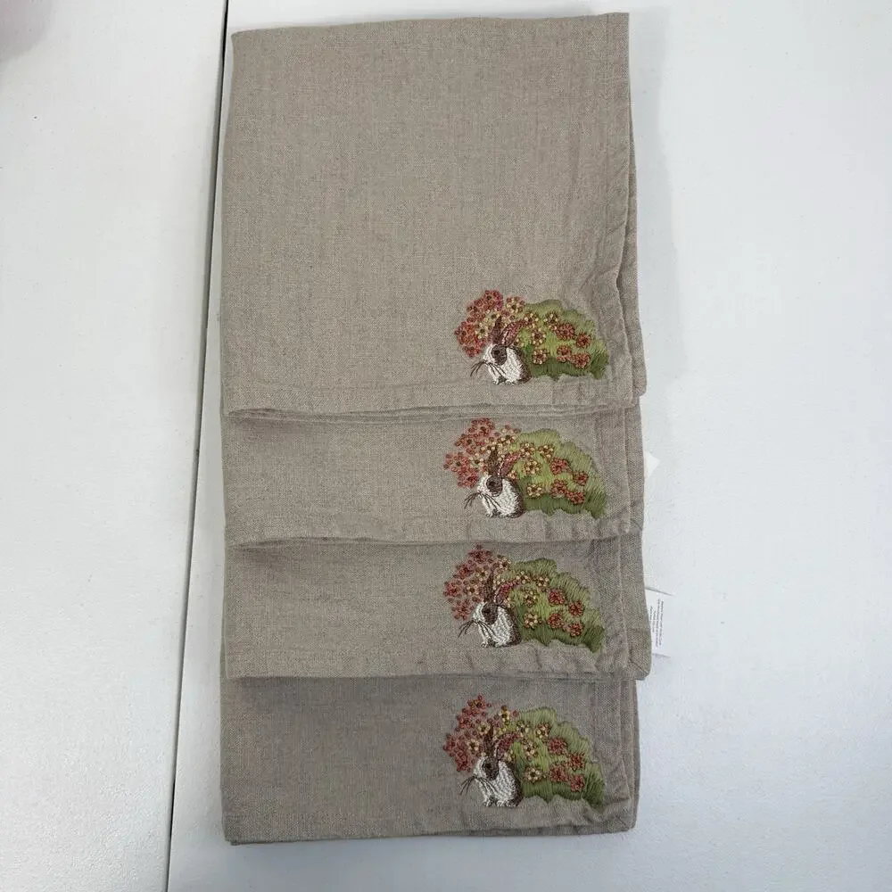 Pottery Barn Bunny Rabbit Embroidered Napkins Set Of 4 Linen Cotton Beige Easter